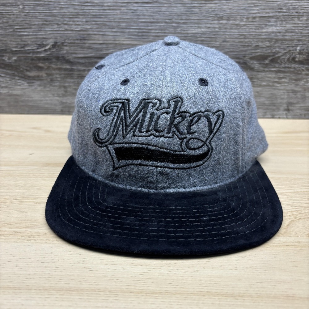 Vintage Mickey Mouse Hat Cap Snap Back Gray Black Wool Suede Bill Mens 90s